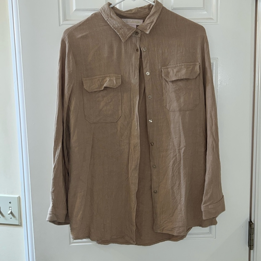 Tan flowy linen blend button up